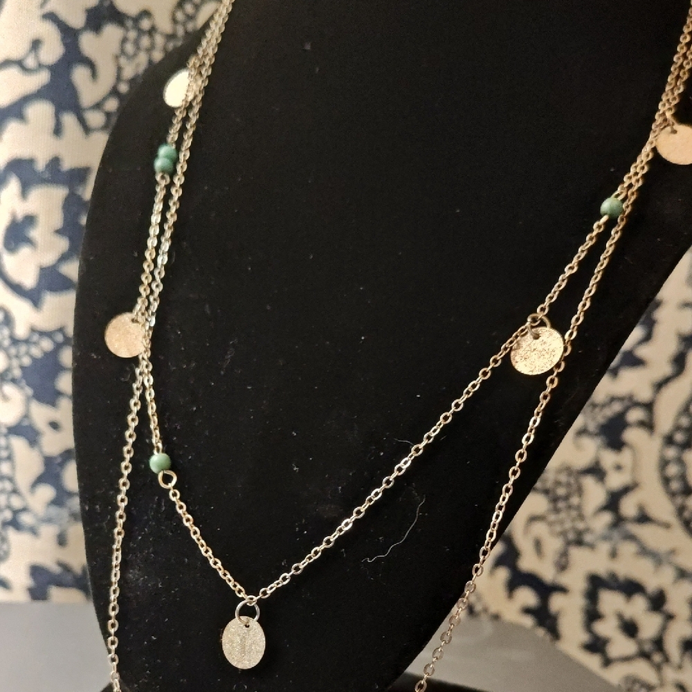 Gold Layered Disc Necklace with Green Bead Accents - Women Jewelry - Picture 2 of 5